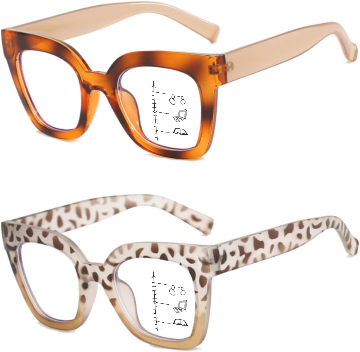 ICARA 2 Pack Trendy Oversized Blue Light Stylish Progressive Multifocus Readers,Retro Square Computer Reading Glasses