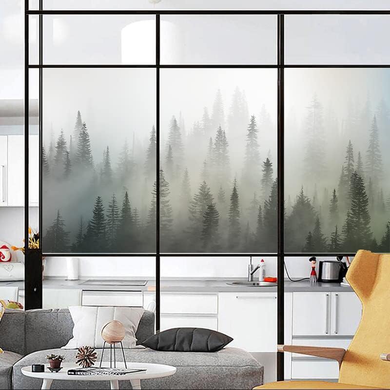 Miniatura 3 de Película decorativa de privacidad para ventana, diseño de bosque brumoso natural, película de vidrio manchado, extraíble para baño, ducha, puerta