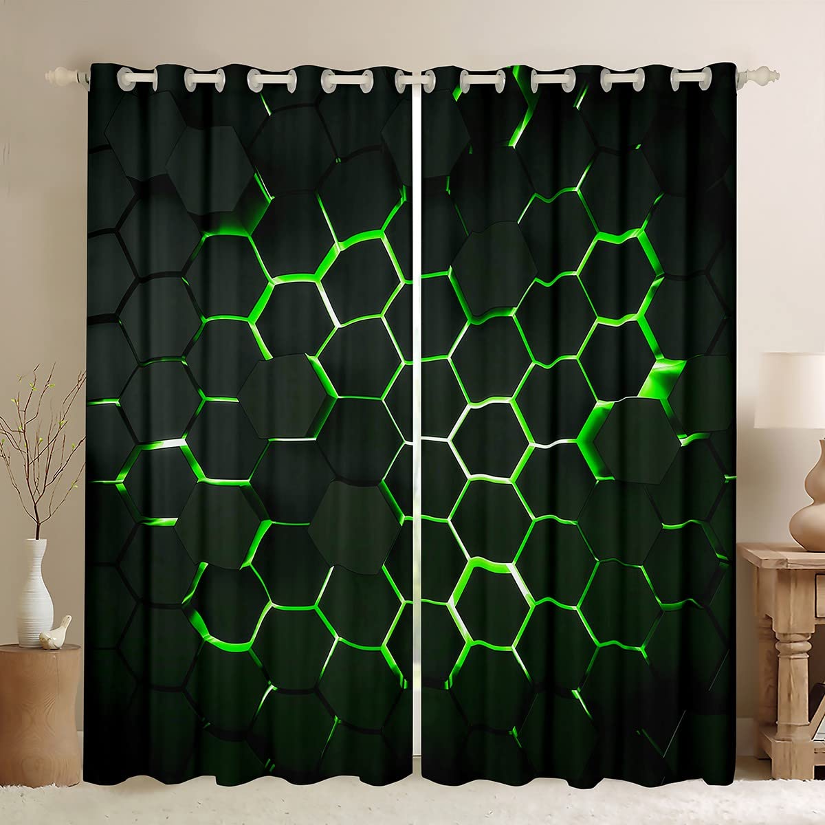 Homemissing Boys Multicolored 13215 Honeycomb Curtains For Bedroom Geometric Hexagon Window Treatment Green Ultra Soft Decor Window Drapes Geometrical Window Draperies For Kids Adults W46*L54
