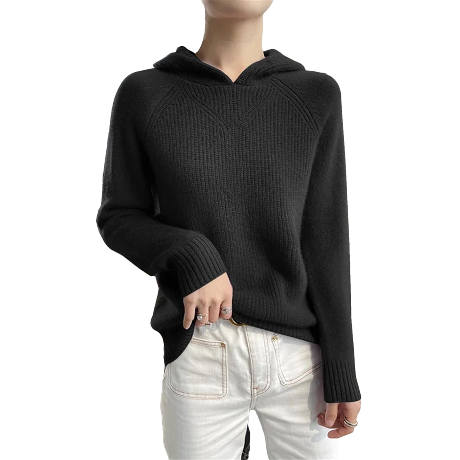 Yeuyyben Pullover da donna Maglione in cashmere con cappuccio allentato casual da donna maglioni invernali con cappuccio a maniche lunghe top nero, Nero , M