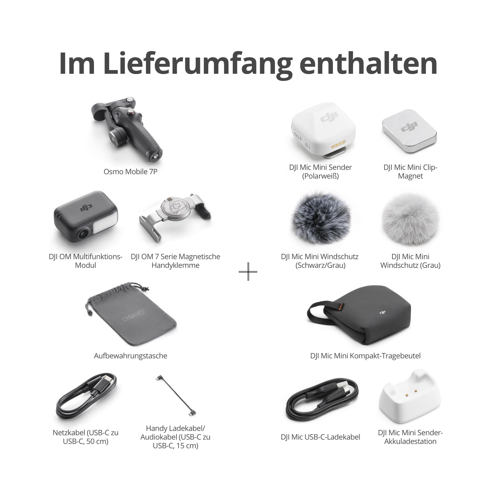 DJI Osmo Mobile 7P + Mic Mini TX (Polarweiß), Gimbal-Stabilisator für iPhone, Android, Natives Tracking, Audioempfang, Beleuchtung, 3-Achsen-Smartphone-Gimbal, Integrierter Verlängerungsstab & Stativ