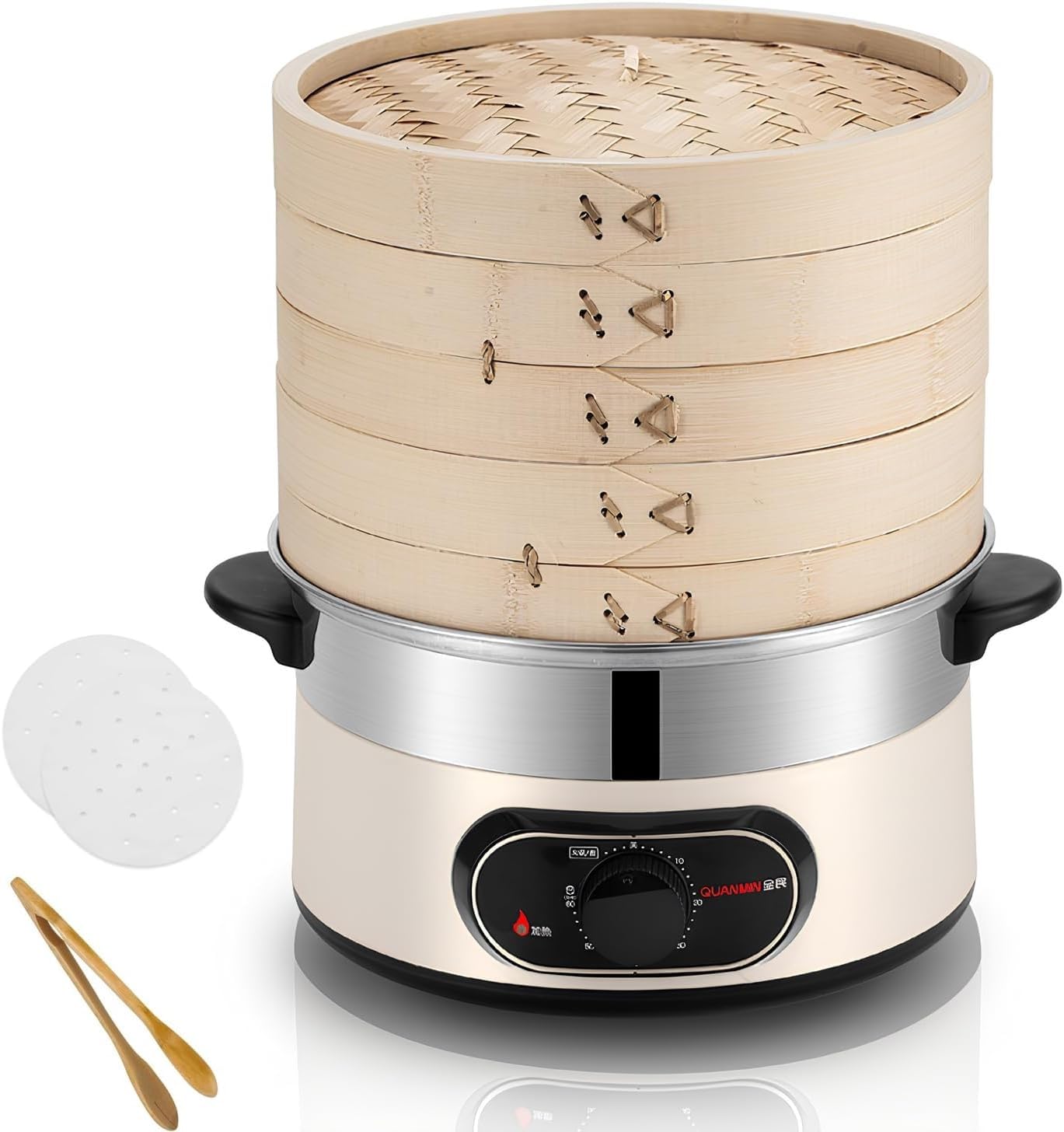 Vnook One Color Electric Food Steamer,Multi-Steam Cooking Pan With 2-Tier Bamboo Steamer With 60 Min Timer Auto Shut-Off For Cooking Vegetable, [Energy Class A]