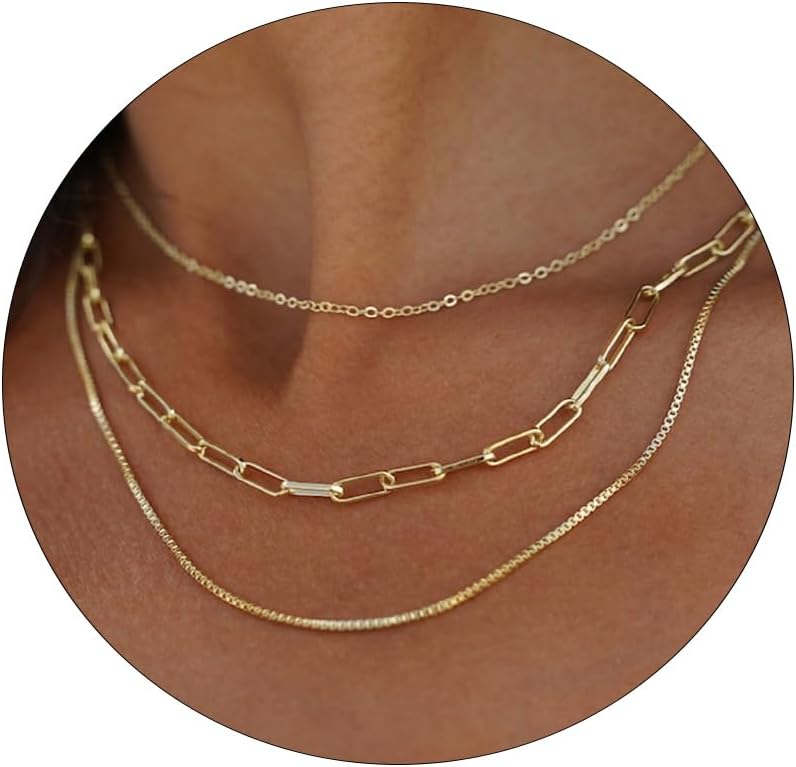 KDIZIGold Necklace for Women, Dainty 14K Layered Necklaces Trendy Jewelry Set Chunky Gold Herringbone Chain Waterproof Stacked Simple Choker Gifts for Women Girls