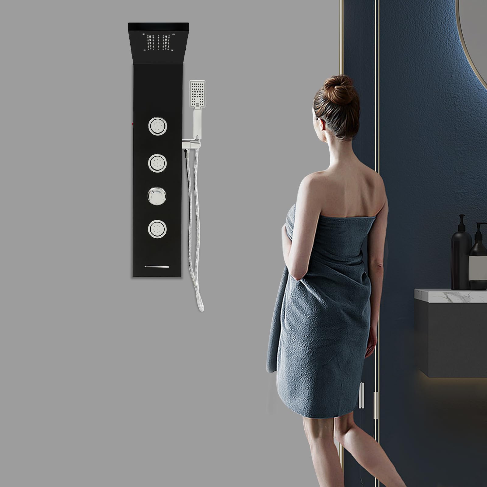 Panel de ducha con grifo, columna de ducha con iluminación LED, 3 chorros de masaje, sistema de ducha multifuncional de acero inoxidable, ducha de mano y ducha cascada (negro)