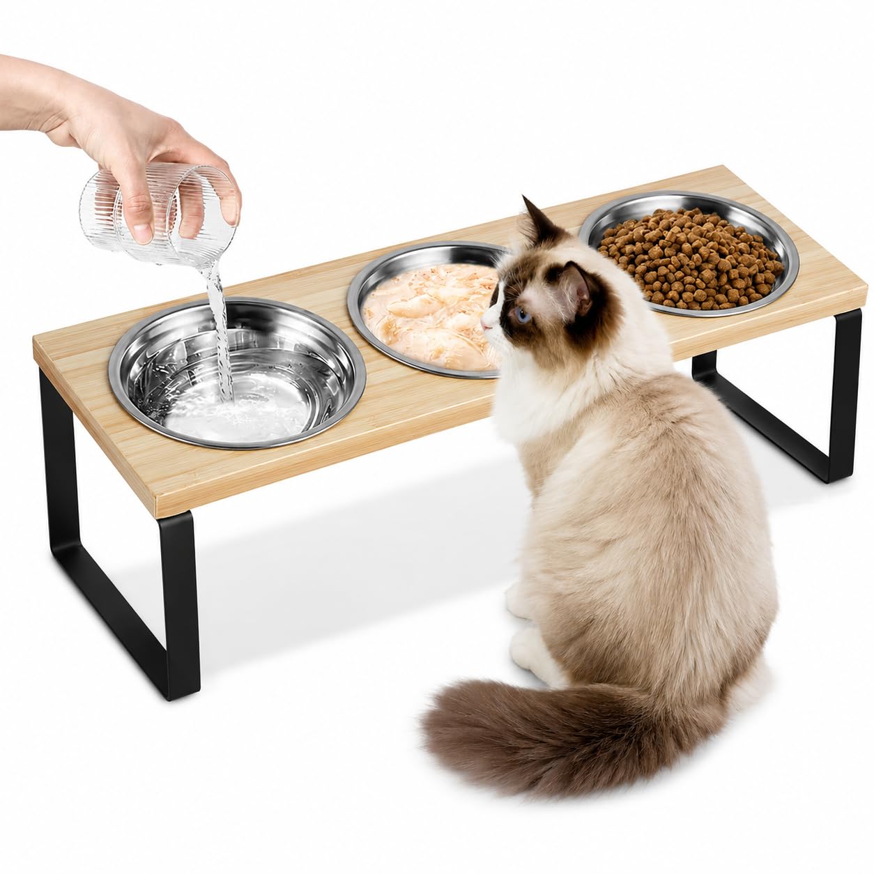 Kortemora Raised Cat Bowls with Stand, 3PCS Stainless Steel Cat Bowls with 15° Tilt, Elevated Cat Feeding Station for Food & Water, Anti Vomiting Bamboo Base for Cats & Small Dogs