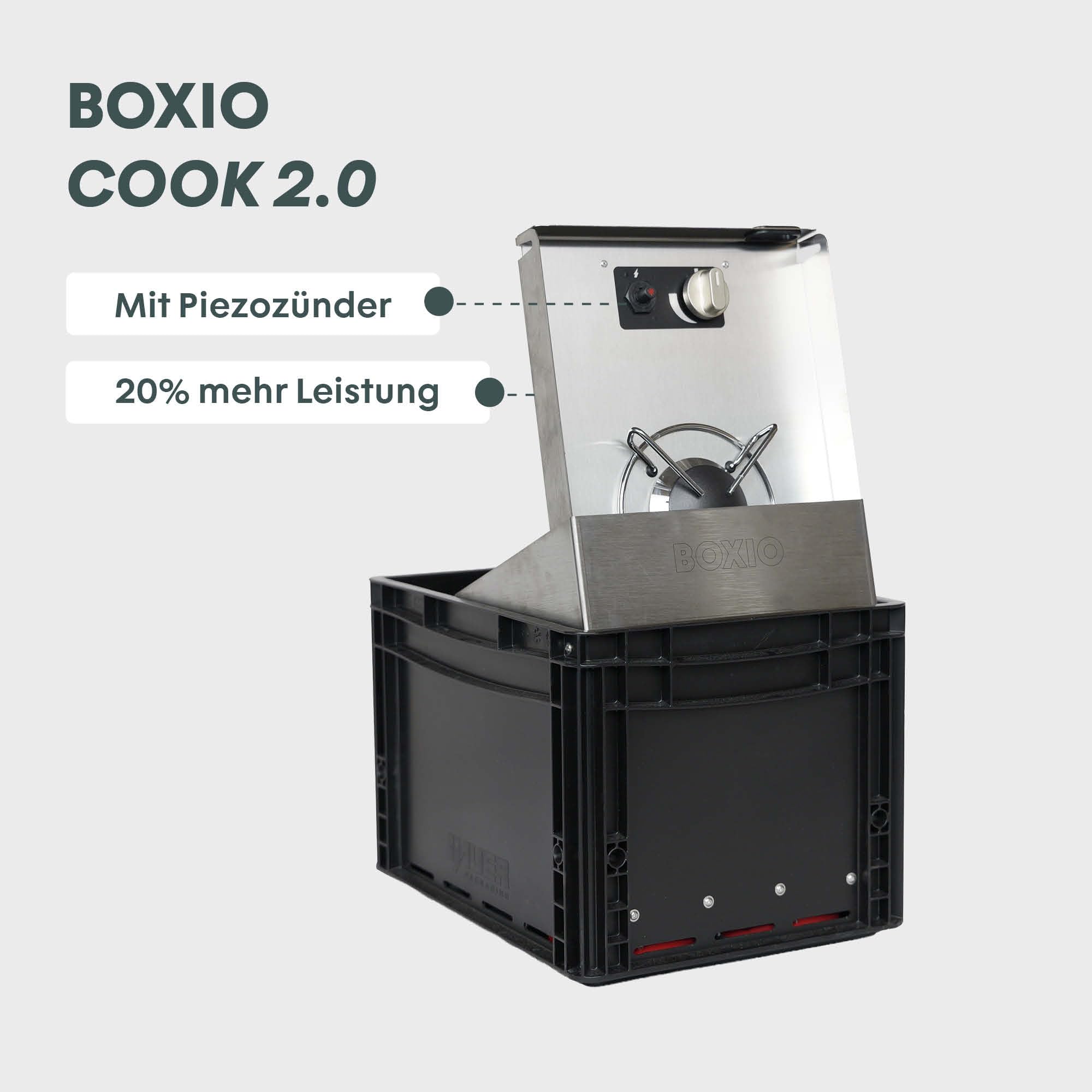 BOXIO - COOK Plus: zestaw startowy kuchenki kempingowej z miejscem do przechowywania, osłoną przeciwwietrzną i kompletem garnków kempingowych, kuchenka gazowa na kartusze do kempingu, outdooru