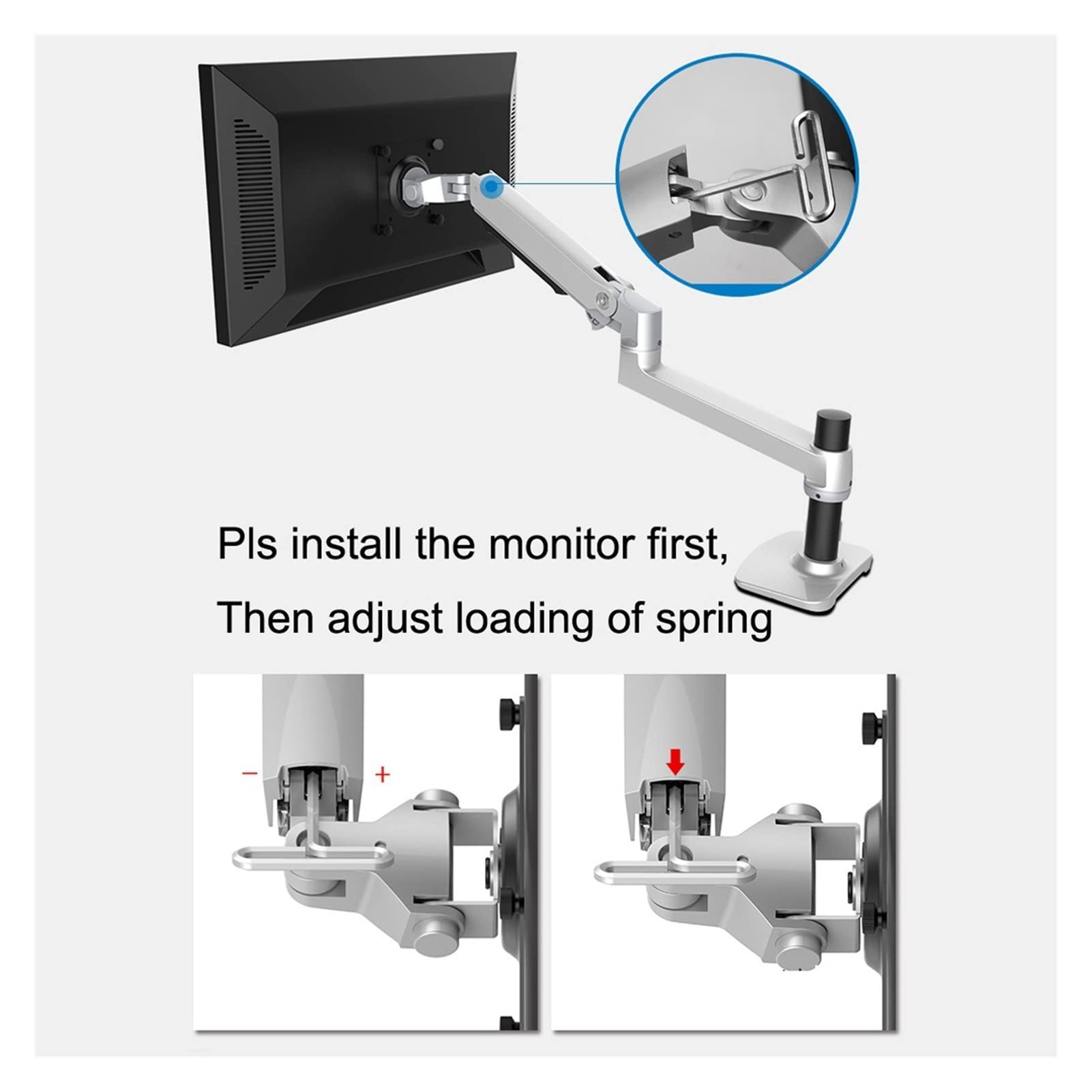Monitor Mount Wall Mount Monitor Bracket Arm Aluminum Ultra Long Mechanical Spring Arm Monitor Support Full Motion Monitor Holder Mount Bra(Silver