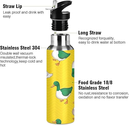 Miniatura 3 de Insulated Water Bottle 20 Oz, BPA-Free Sports Water Bottle with Straw for Gym Outdoor Travel School, Green White Ducks Yellow