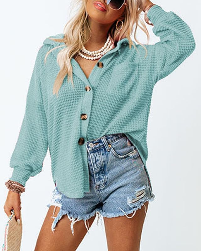 Dokotoo Womens Waffle Knit Shacket Jacket Casual Long Sleeve Button Down Shirts Dressy Blouses Tops - Image 3