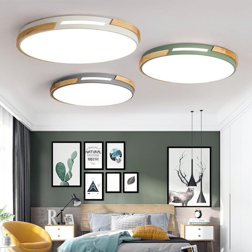 Plafoniera a LED Semi-Incasso 42W in Legno, Moderna, Rotonda, 60 cm, Ideale per corridoio, Cucina, Camera da Letto (Verde 60 cm)