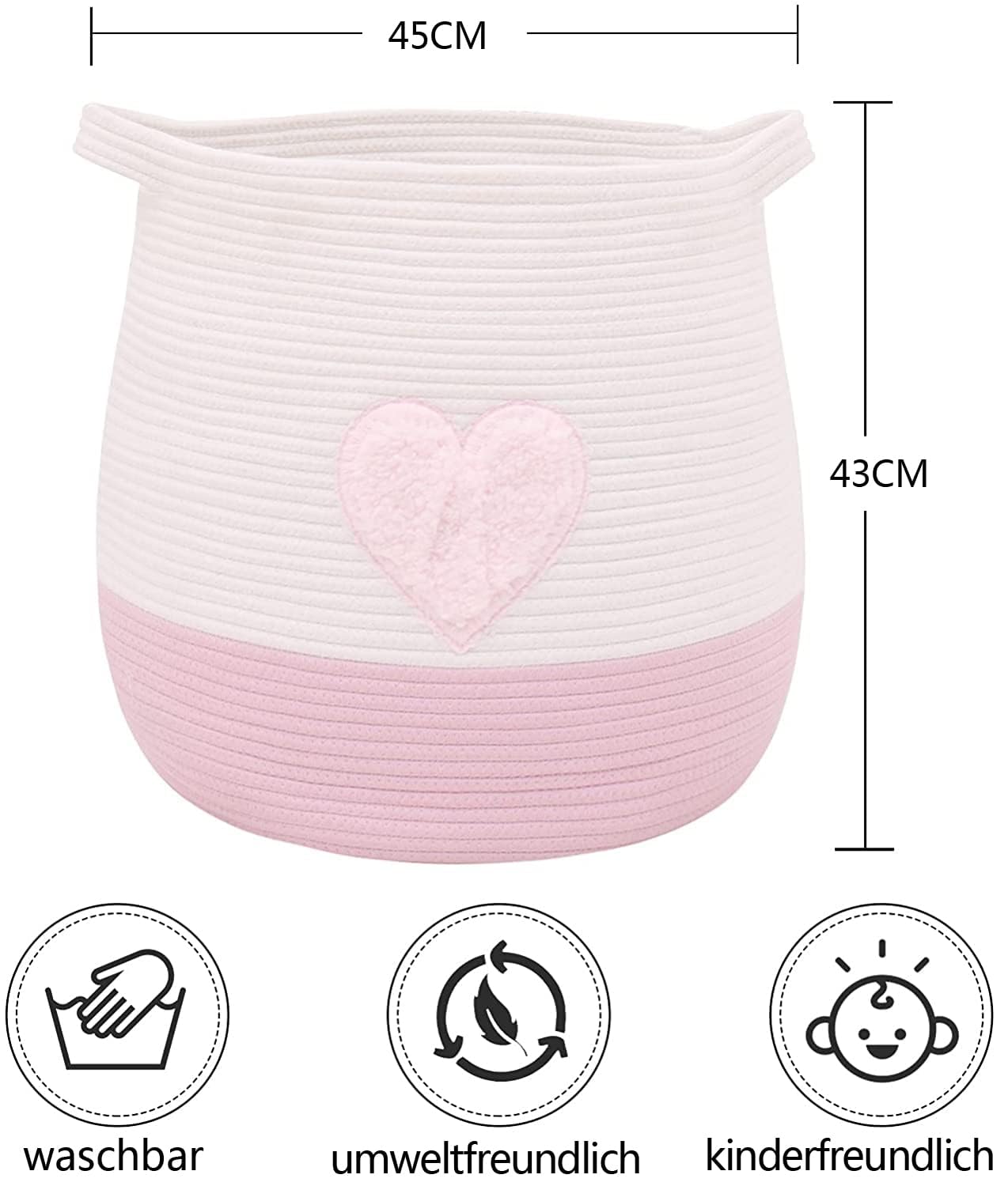 Grande cesto in corda di cotone, cestino portaoggetti per giocattoli, organizer per biancheria e coperte, cesto regalo rotondo con manici per cameretta dei bambini, D45 x 43 cm, prodotto