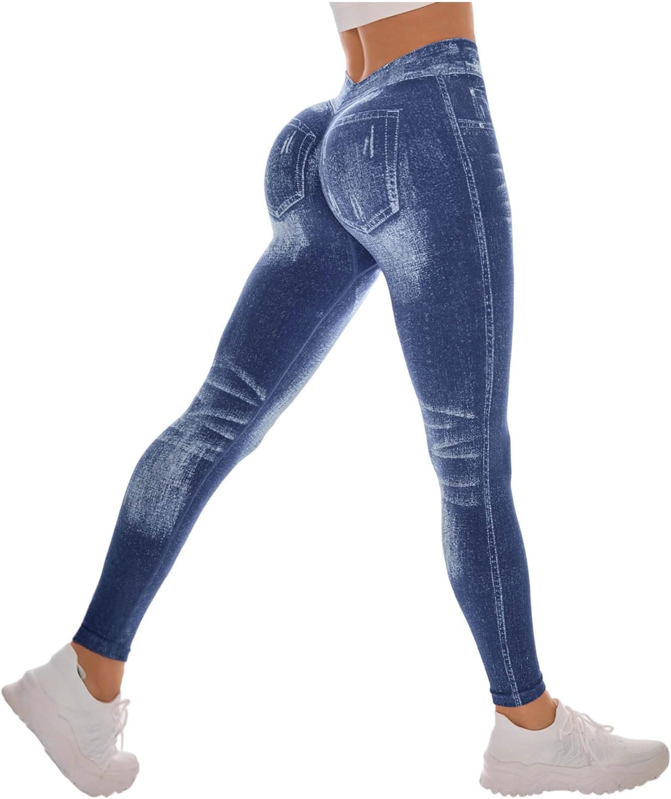 Women's Denim Leggings High Waist Butt Lift Jean Leggings Gym Workout Stretchy Yoga Pants with Pockets