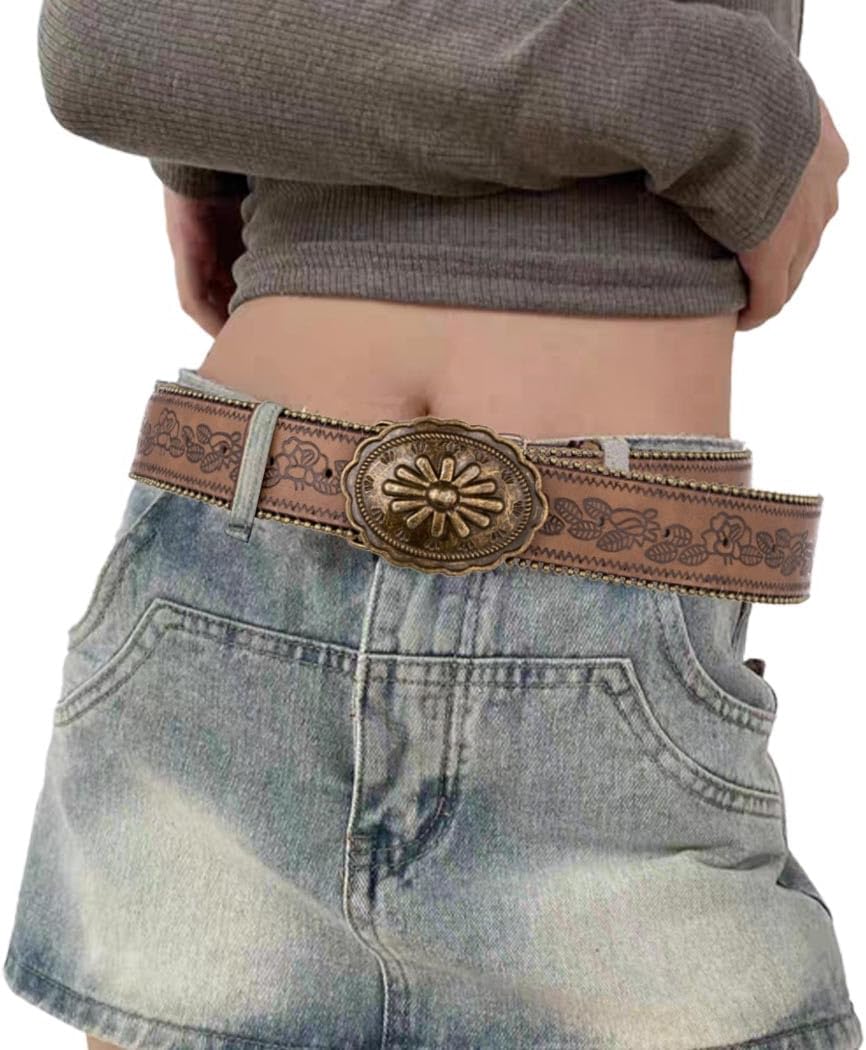 Women Western Belt Country Cowboy Cowgirl Leather Belts Floral Embossed Belts Vintage Buckle Waist Belt for Jeans Pant Dress - Image 2