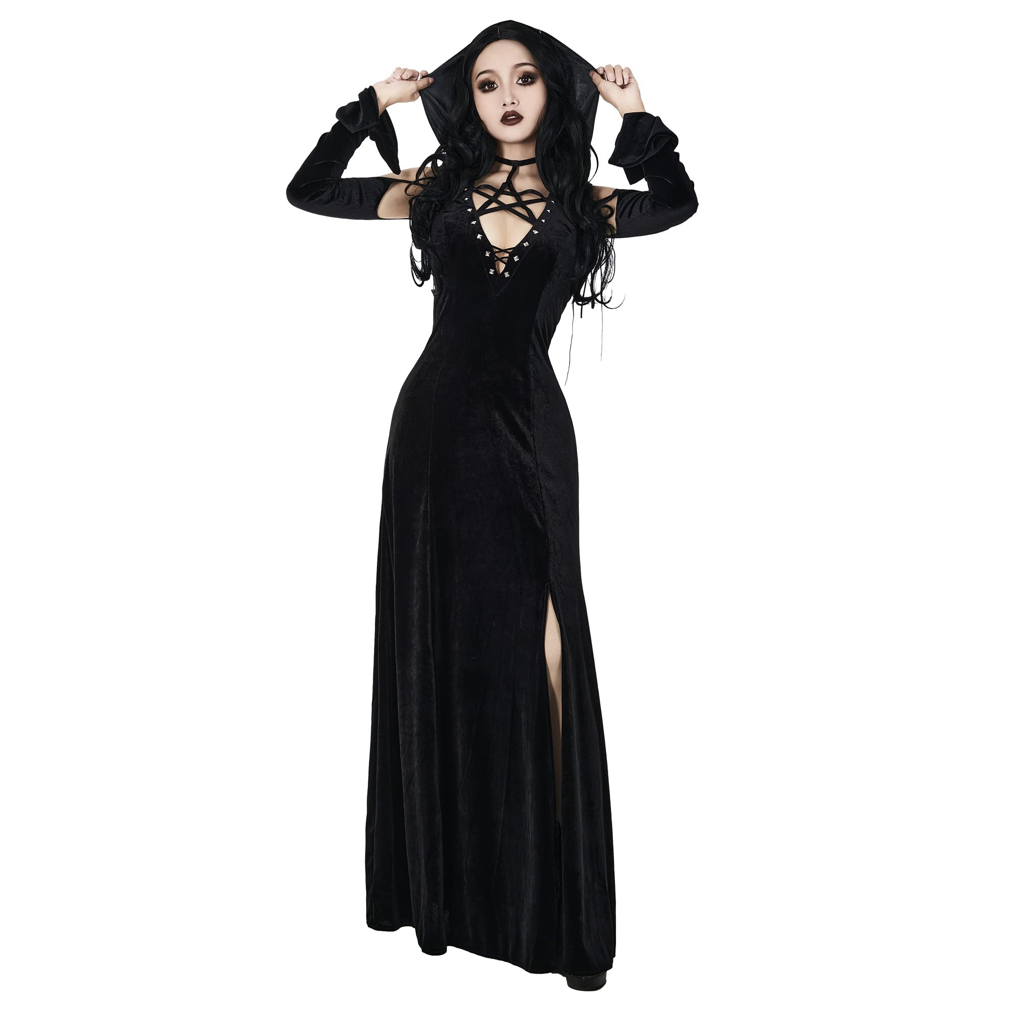 MEOWCOS Women Gothic Dress Wicked Witch Halloween Dress Split Off-Shoulder Hooded Dress Casual Party Dress