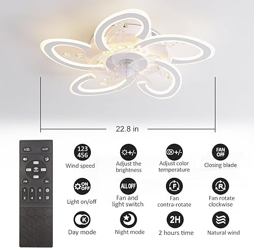 Miniatura 2 de Panghuhu88 Ventilador de techo de 22.8 pulgadas con control remoto de luces, ventiladores de techo de flores de cristal con luz LED regulable,