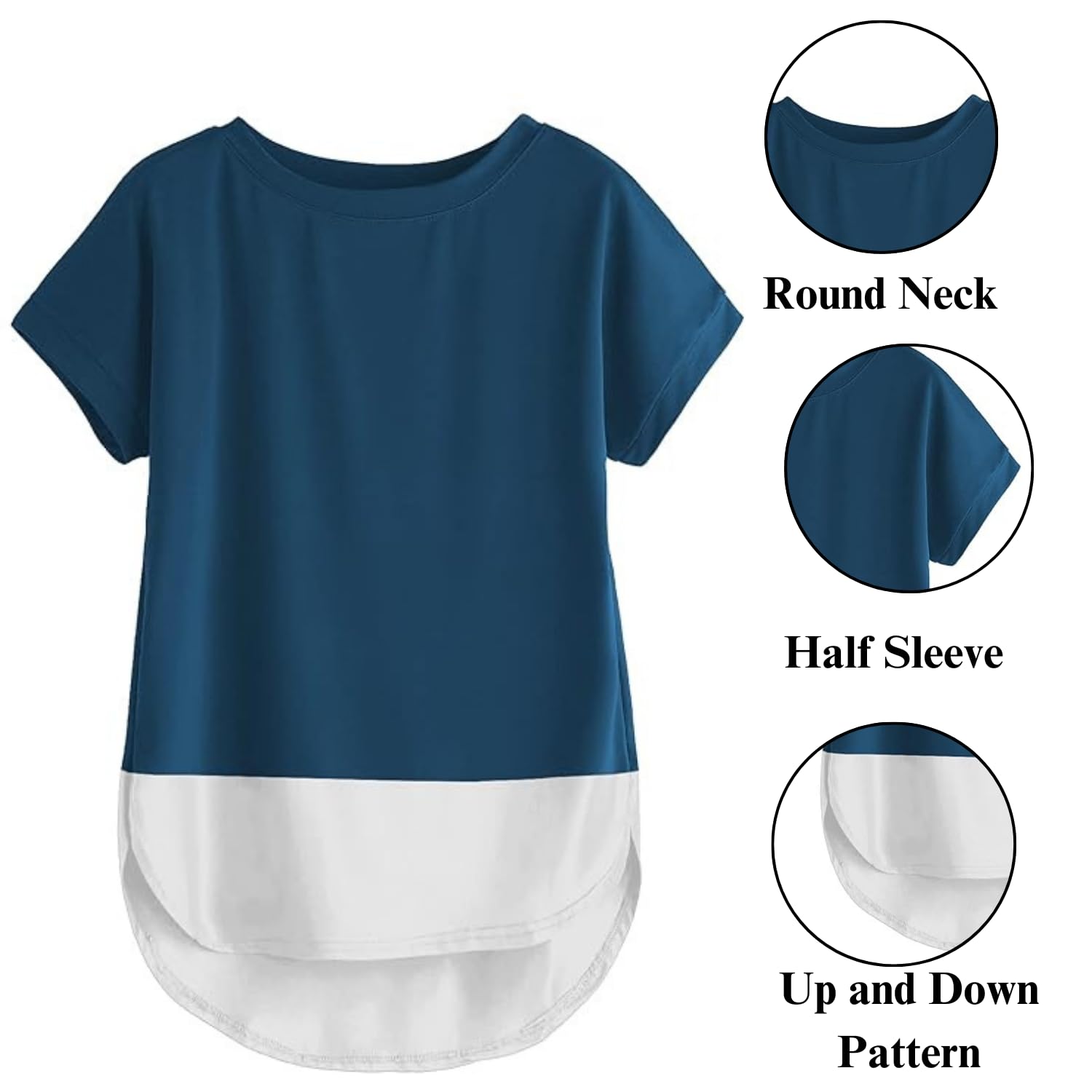Fabricorn Women's Blue & White Solid Regular Fit Short Sleeves T-Shirt, Large Size - Image 6 thumbnail