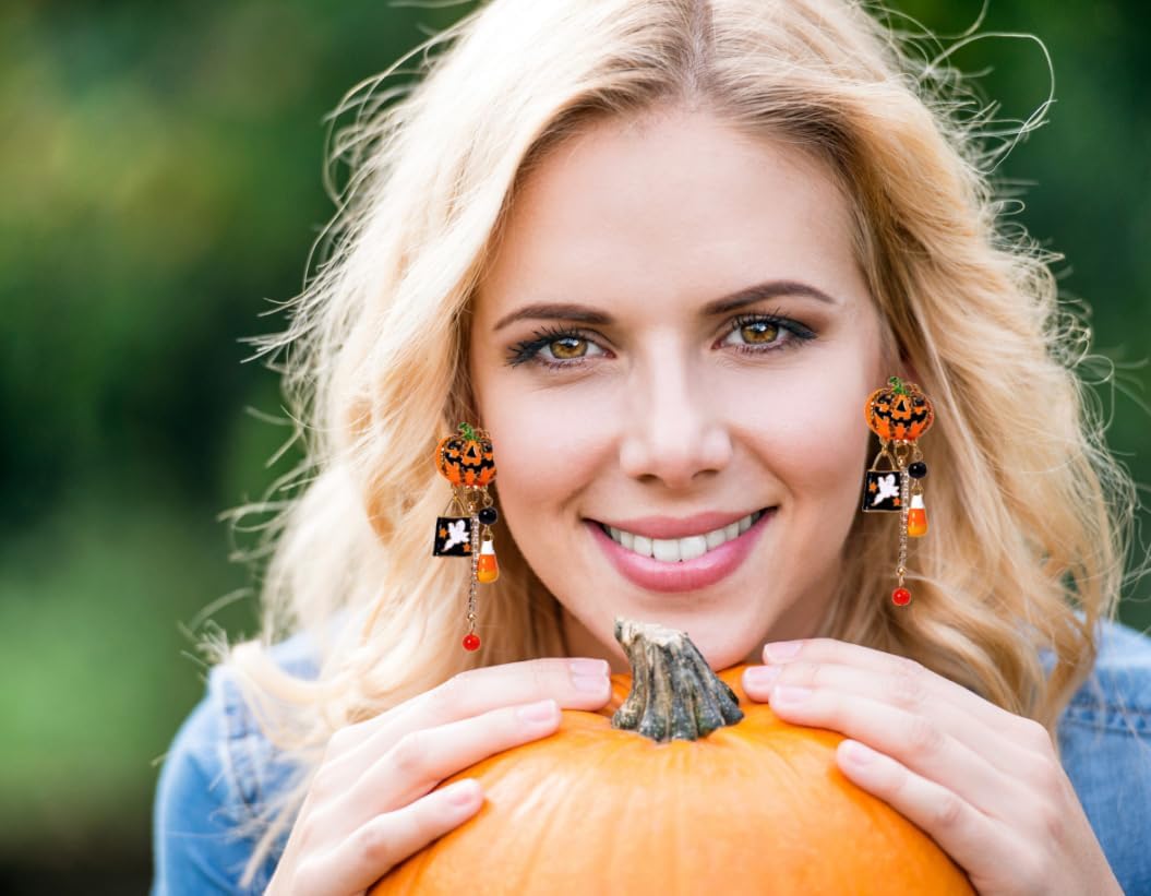Halloween Pumpkin Earrings for Women Ghost Candy Corn Pumokin Drop Tassels Earrings Gothic Crystal Pumpkin Earrings Halloween Jewelry - Image 2