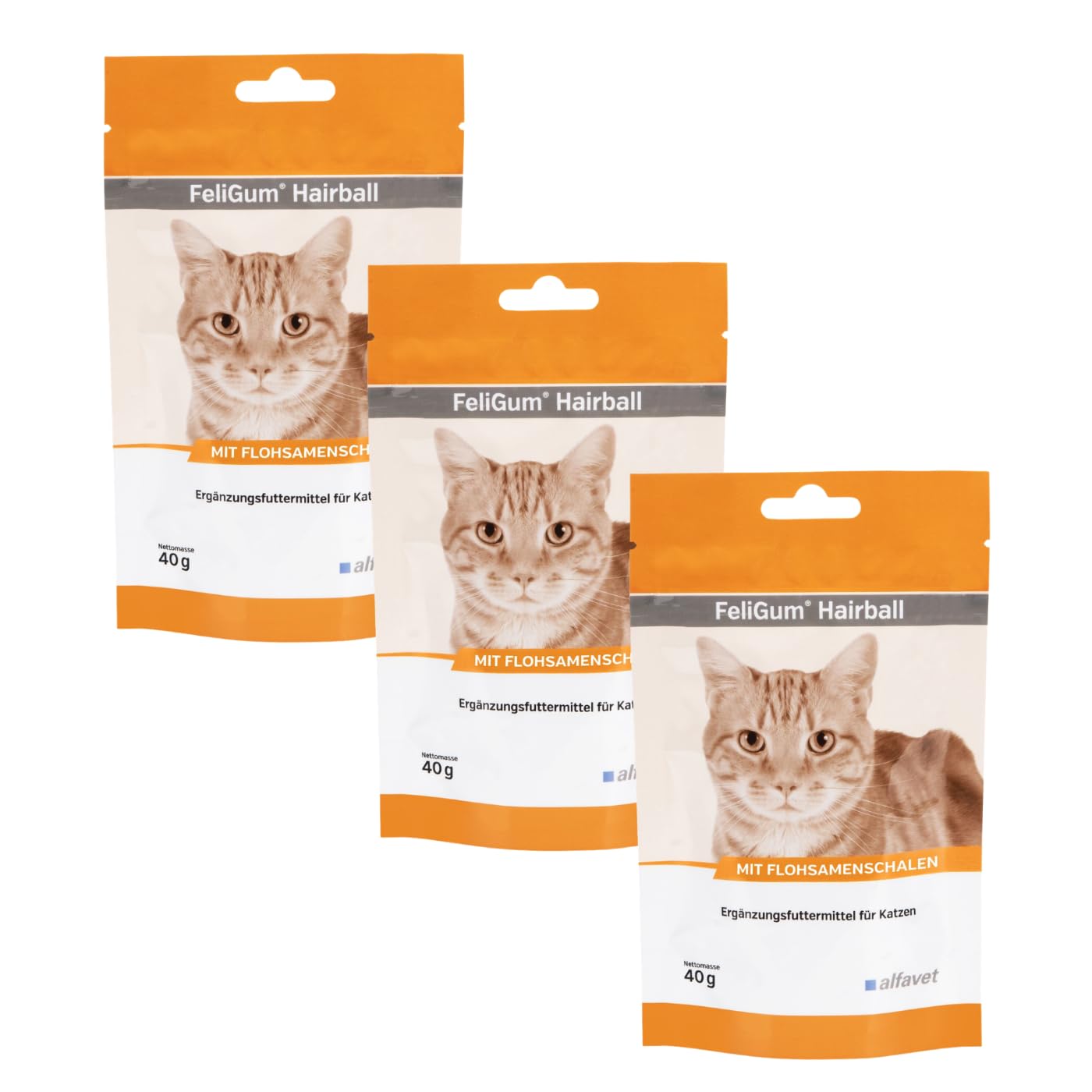 Alfavet FeliGum Hairball - Lot de 3 paquets de 40 g - Complément alimentaire pour chat - Aide à lutter contre la formation de boules de poils - Gouttes à mâcher très savoureuses et douces