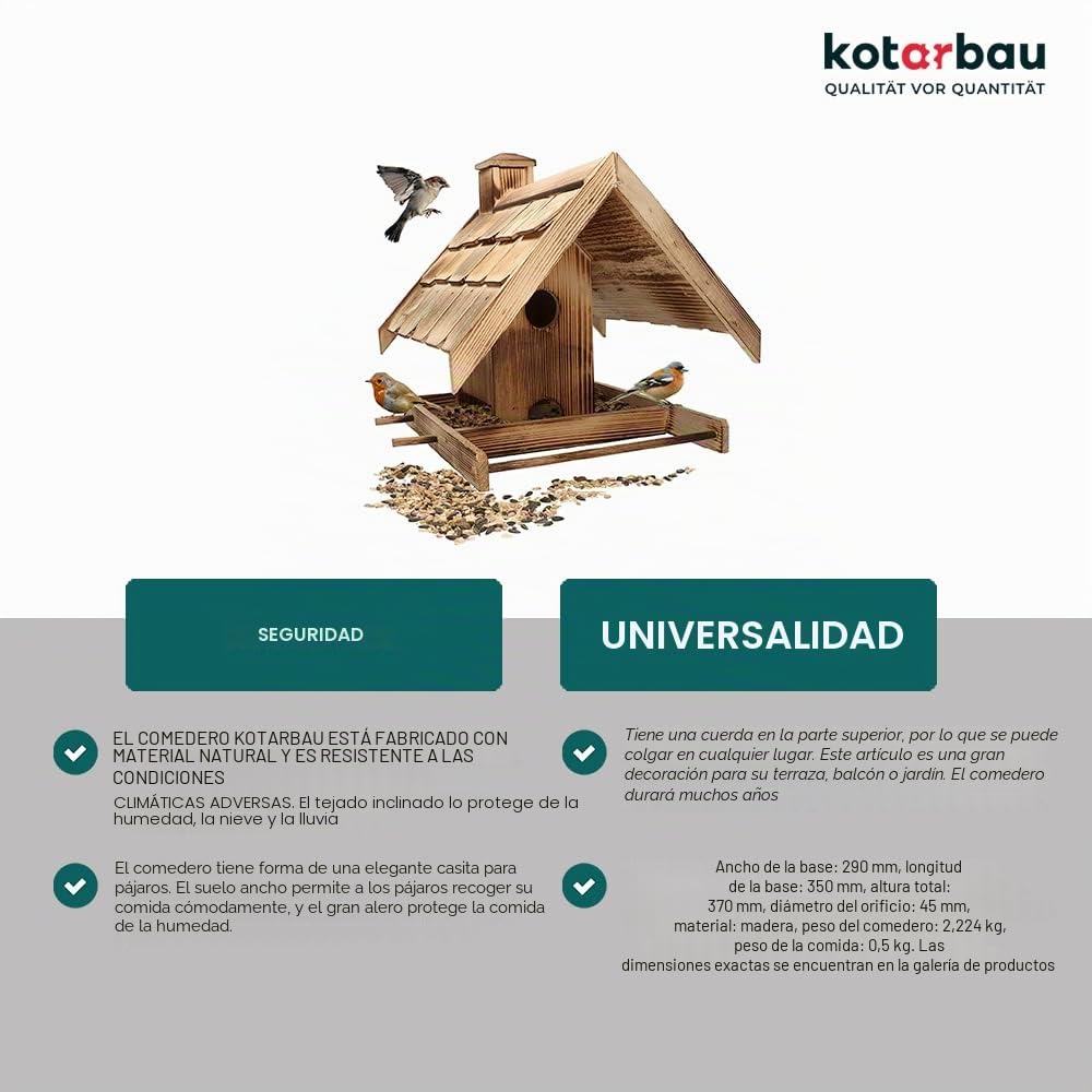 KOTARBAU® Comedero para pájaros de Madera, 37 x 29 cm, Dispensador de Comida, Casa para Aves, Casita de Madera flameada, + 0,5 Kilo de pienso Incluido