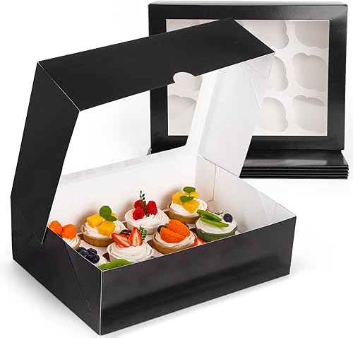 VGOODALL 6 recipientes para cupcakes con ventana, soporte negro para cupcakes con inserto de caja de pastelería, 12 unidades con capacidad para 72