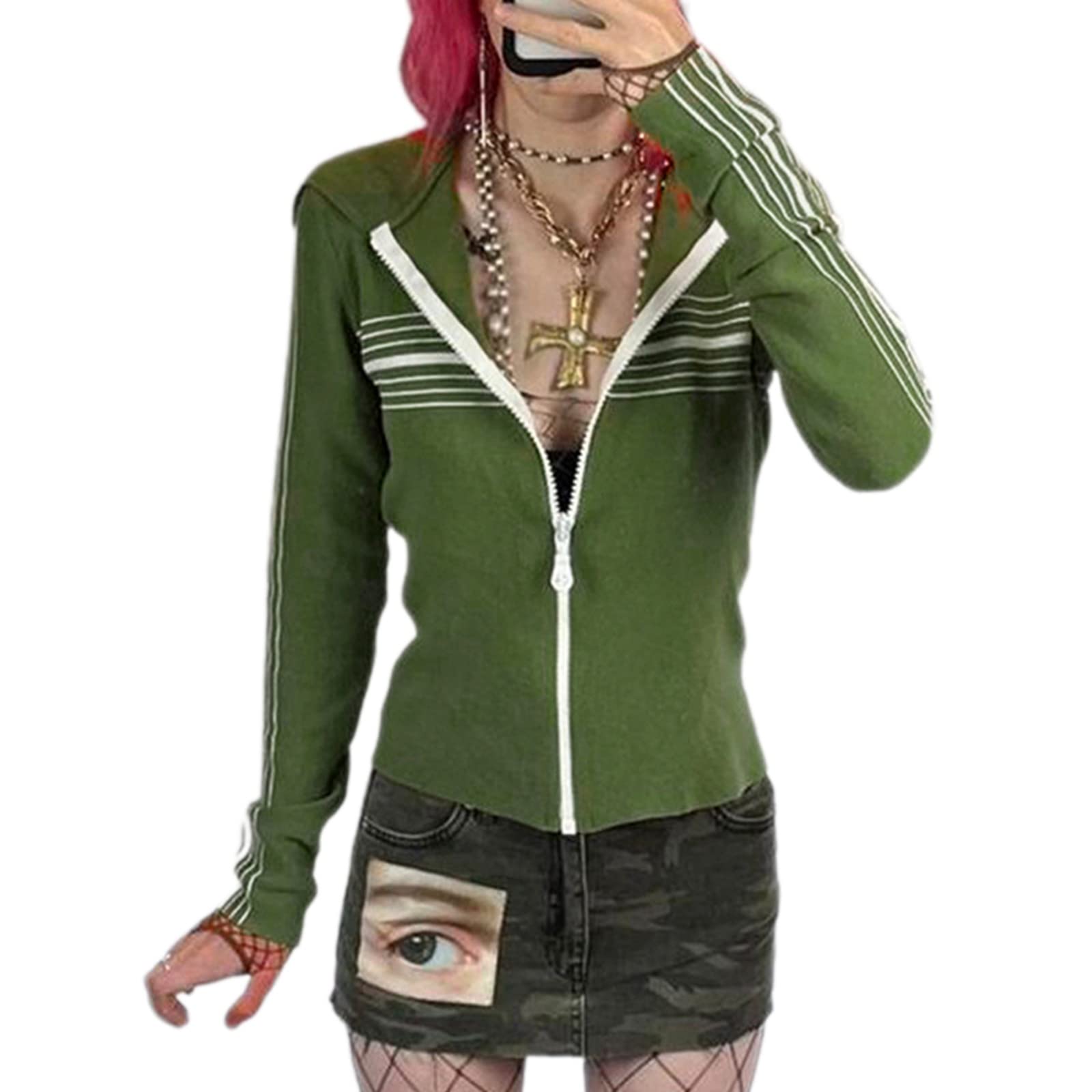 Women Y2k Fall Coat Striped Green Long Sleeve Hooded Close-Fitting Jacket with Zipper for Fall Spring