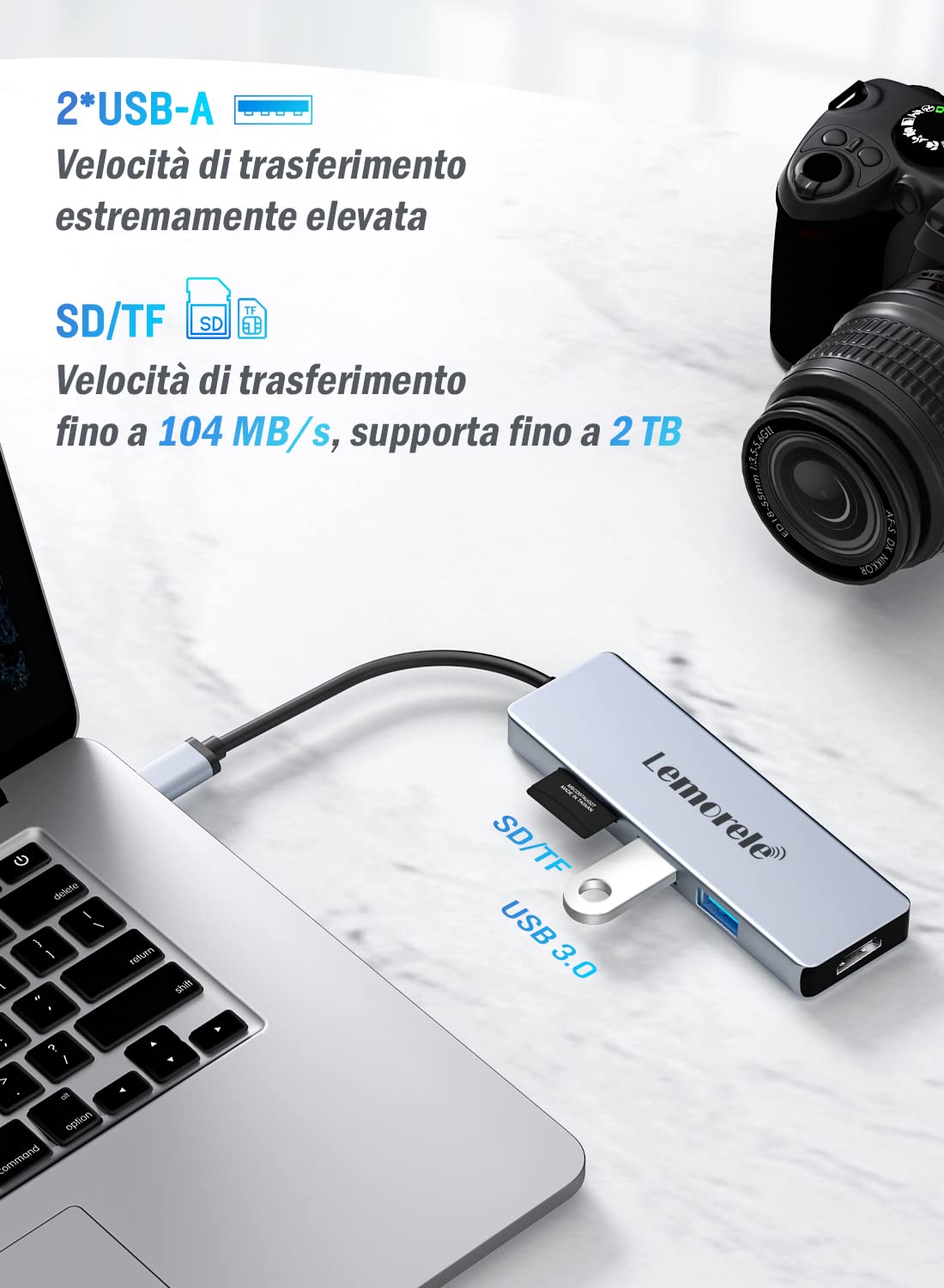 Lemorele Hub USB C HDMI 4K - 5 in 1, Alluminio Adattatore USB C Hub con 2 USB, SD/TF, HDMI adaptor per Windows, MacBook Pro/Air,Steam Deck/Switch, ChromeBook, Tablet PC Type-C, ecc