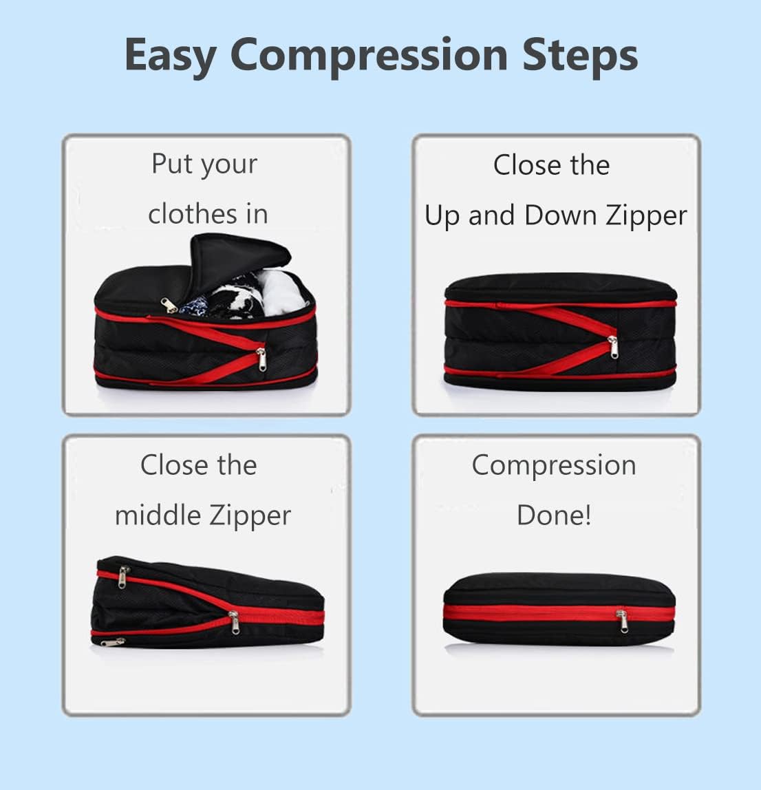 Compression Packing Cubes for Suitcases and Backpacks, Double Sided Clean Dirty Separate Large Capacity Cube Organizer for Travel (Black 2-Piece (9L+15L))