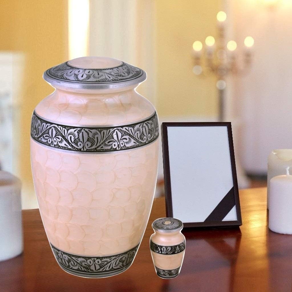 Metal Cremation Urn - Adult Funeral Urn - Cream, Marble Pattern - 8"L x 8"W x 9"H, 210 cubic inches