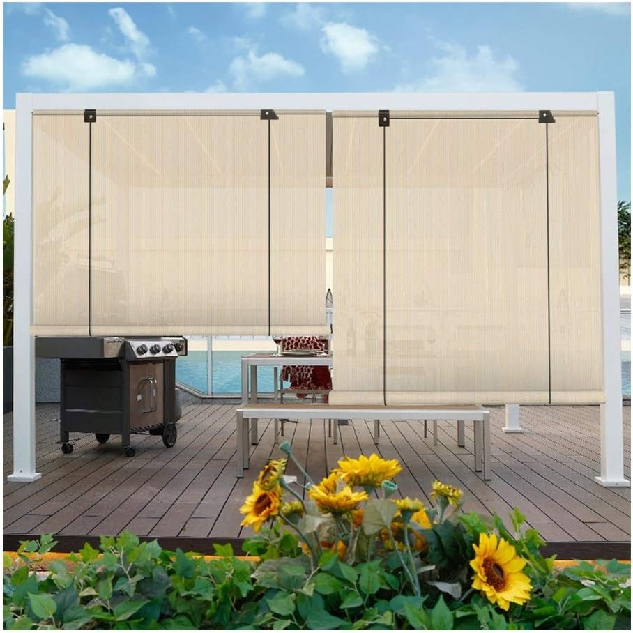 LSXIAO Outdoor Sun Shade, External Roller Blinds, Thick Mesh Cloth Aluminum Alloy Track Anti-UV Blockage Draw Rope Control for Porches, Pergola, Terrace, Deck (Color : Brown, Size : 1x1.8m)