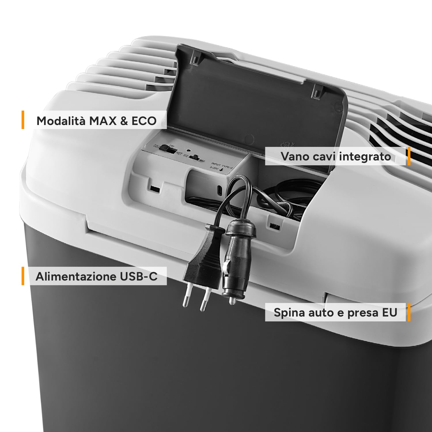 First Austria Frigo Portatile Elettrico 24L Tripla Alimentazione USB-C PD 3.0 52W Caldo Freddo Auto Camping Nero Grigio Chiaro