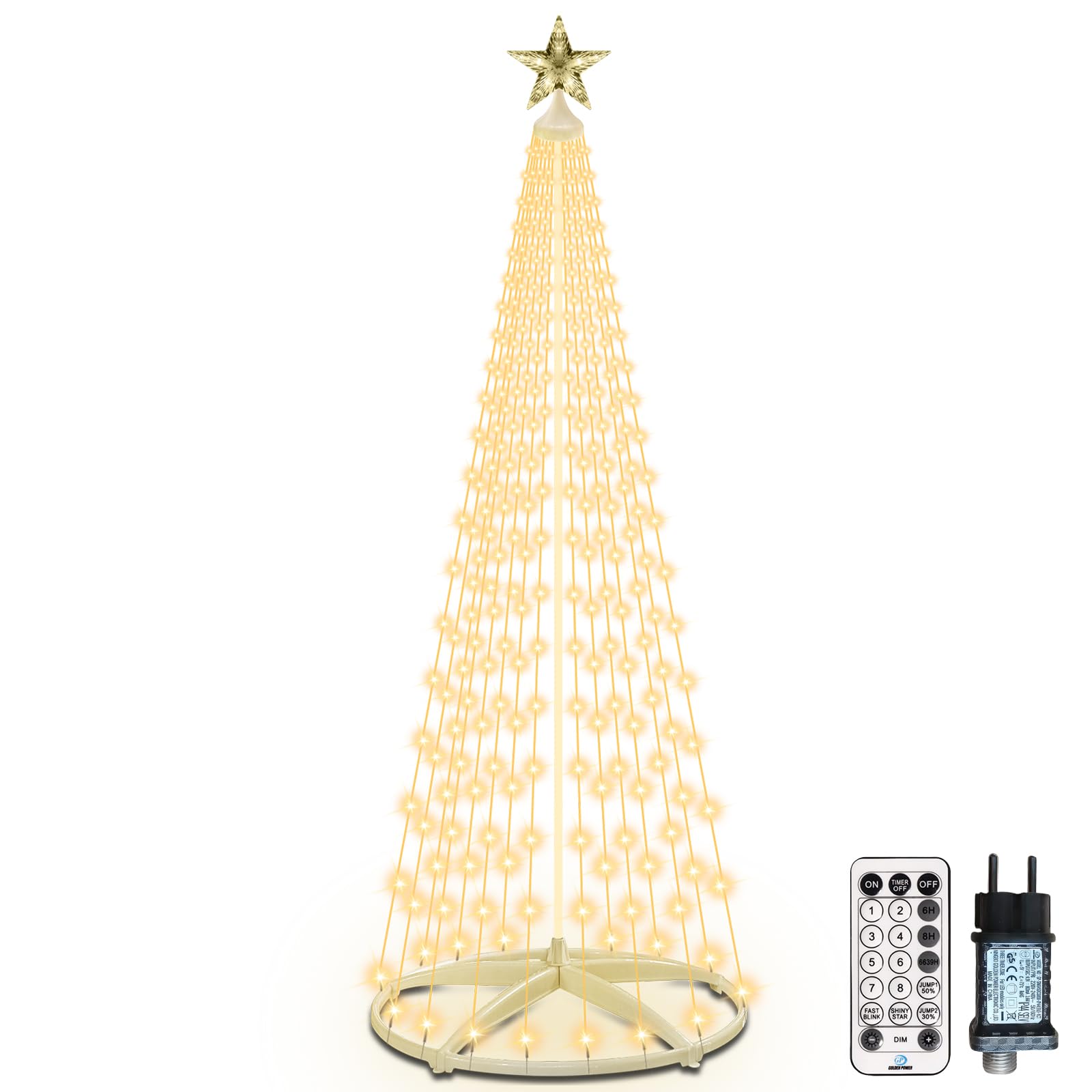 Christmas Cone Tree Lights, 2,28m 310 LED Décoration de Noël Extérieur, Sapin de Noel Lumineux, Guirlande Lumineuse d'Arbre de Noël,12 Modes, avec Télécommande pour Jardin ou Balcon (Blanc Chaud）