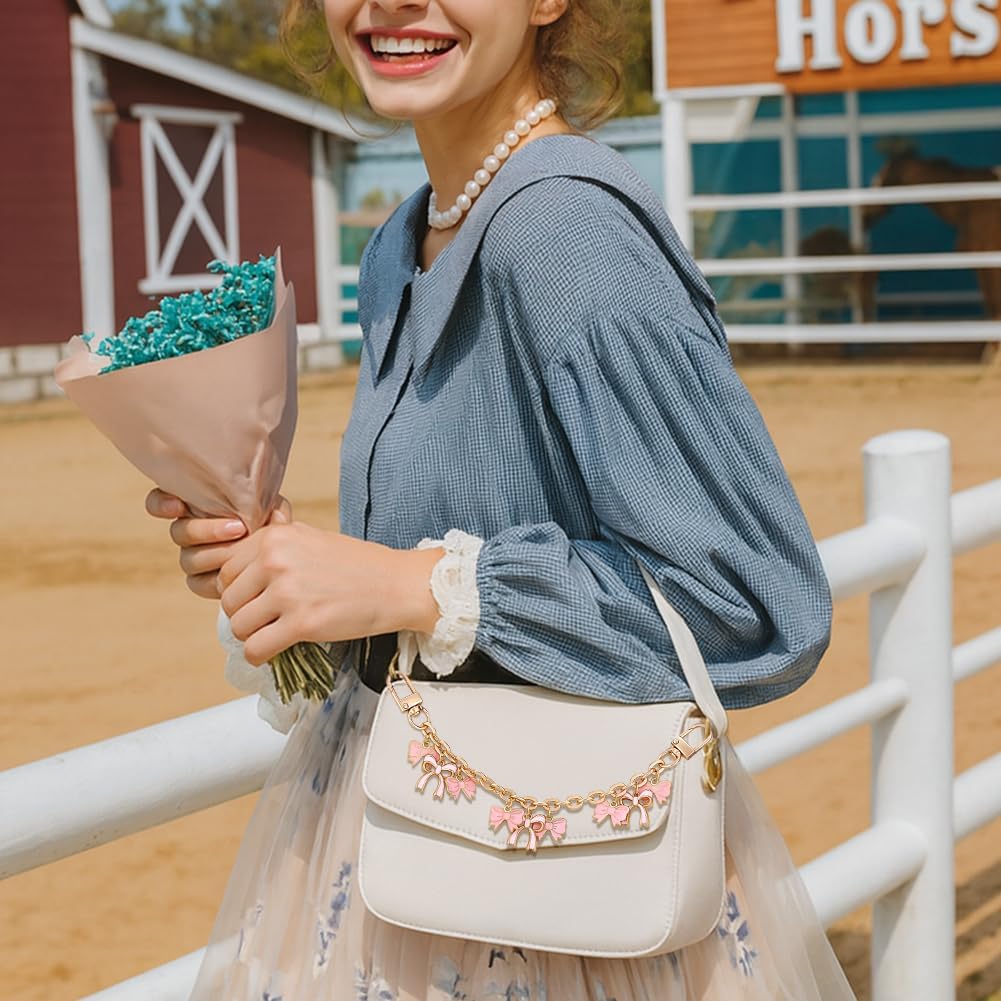 PH PandaHall 2pcs Decorative Bag Chain, 7.9" Purse Chains Enamel Pink Bowknot Charm with Swivel Clasps Replacement Extender Handbags Chain for Handbags Purse Shoulder Tote Bag Keychain - Image 5