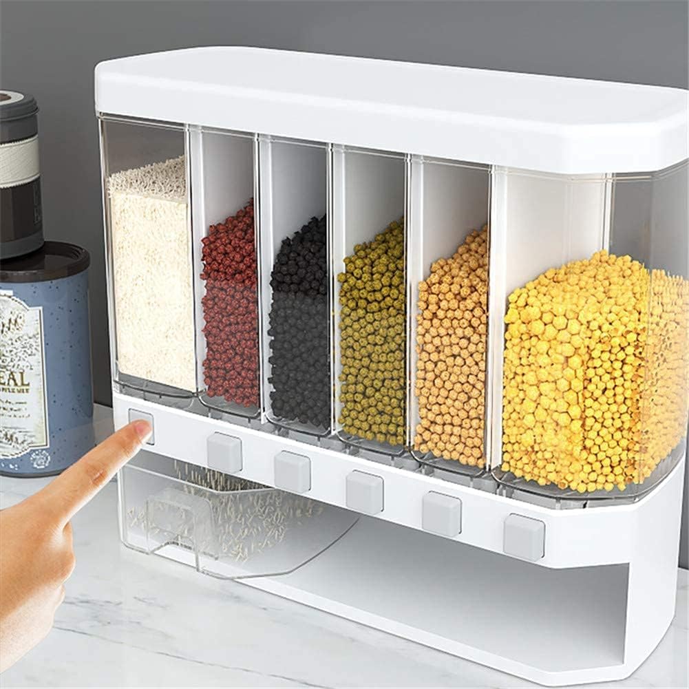 Ascetic Wall Mounted Cereal Food Dispenser For Kitchen 6 Grid Dry Food Dispenser Space Saving Food Storage Containers for Cereal, Rice, Nuts, Candy, Coffee Bean, Snack, Grain (Plastic)