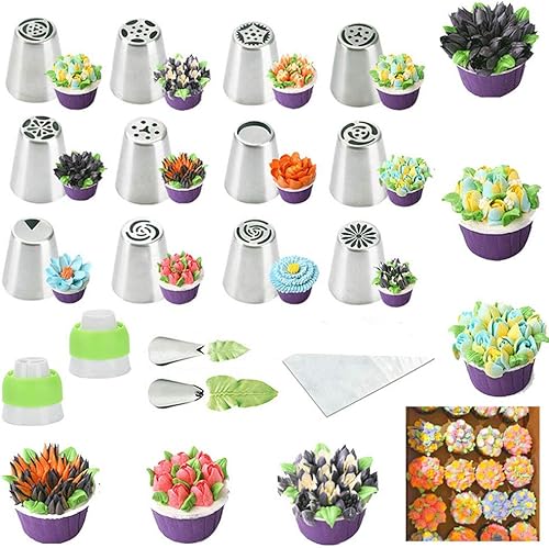 Puntas de tubería rusas, 26 unidades, 14 boquillas de glaseado (2 puntas de hojas)+10 bolsas de pastelería para hornear+2 acopladores de puntas de
