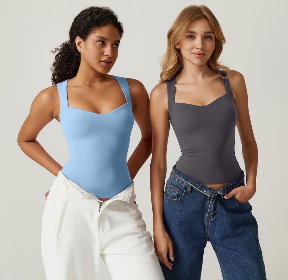 QINSEN Women's Sexy Sweetheart Neck Sleeveless T Shirts Double Lined Tees Slimming Fit Tops - Image 5