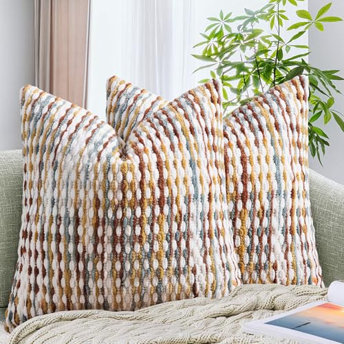 AmHoo Set of 2 Boho Chenille Pillow Cover Decorative Tufted Pillowcase for Couch Bed Sofa Bedroom Living Room Modern 20 x 20-Inch Brown
