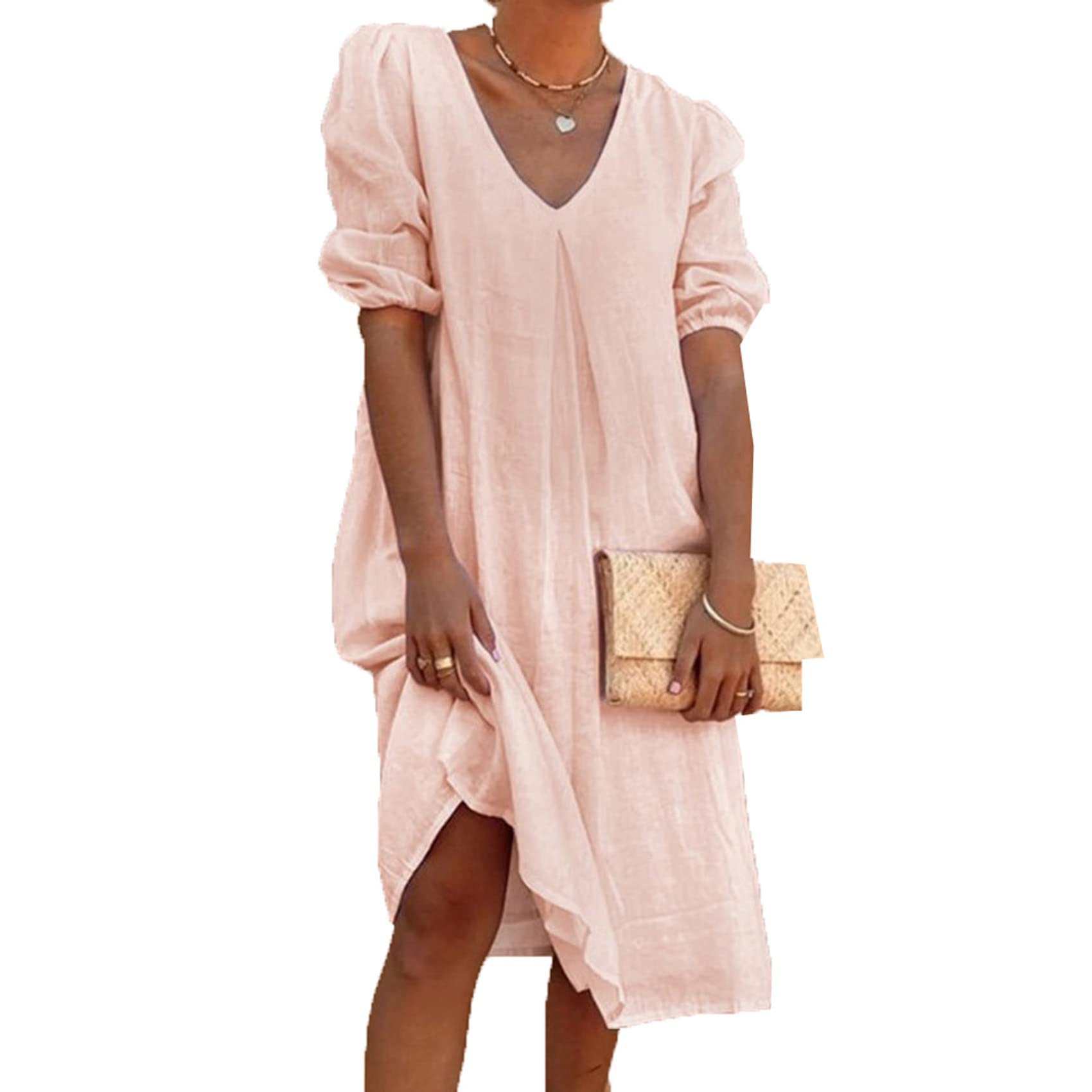 Donna Estate Cotone Lino Scollo A V Colore Solido Moda metà Lunghezza Manica Ginocchio Vestito Casual metà Lunghezza