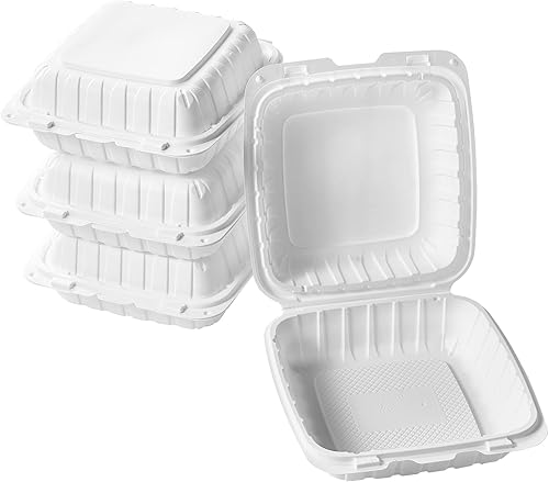 Miniatura 8 de CIAO! Contenedor blanco con bisagras MFPP de 8 x 8 x 3 pulgadas con tapa, 1 compartimento (caja de 200)