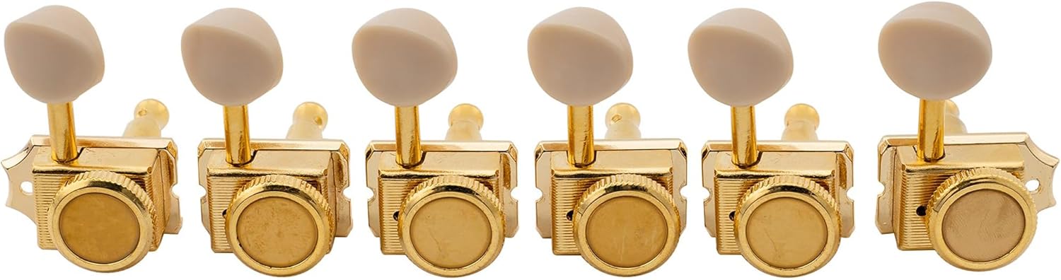 Musiclily Pro 6 inline Vintage Hybrid Style Guitar Locking Tuners Tuning Pegs Keys Machine Heads Set for Fender Squier Classic Vibe Strat/Tele Electric Guitar, Gold with Oval Plastic Button