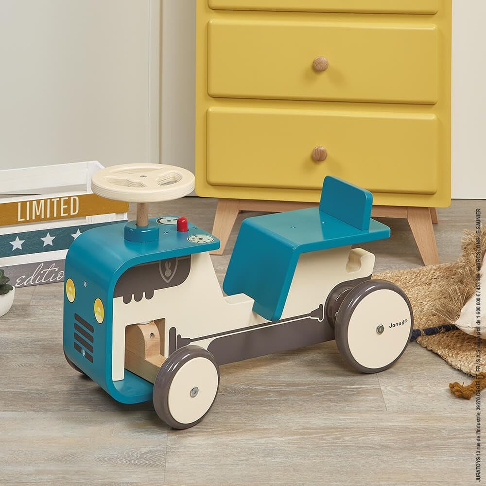 Janod Blue Wooden Ride-on Tractor - Ages 18 Months+ - J08053, Large