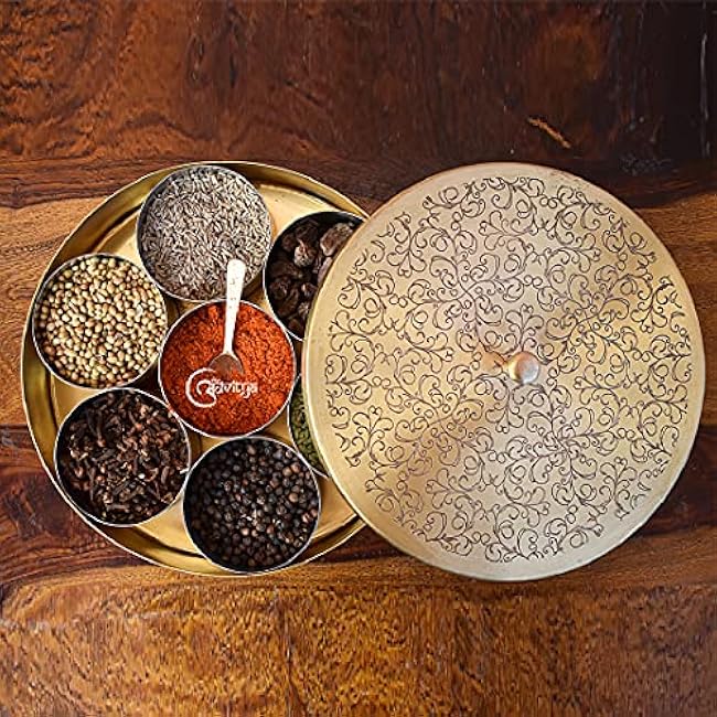 The Advitya Handcrafted Brass Spice Box with Embossed Lid|Seasoning Container |7 Compartments|1 Spoon|8 inch Golden Masala Box for Kitchen Storage|Indian Spice Organizer| Container for Spices