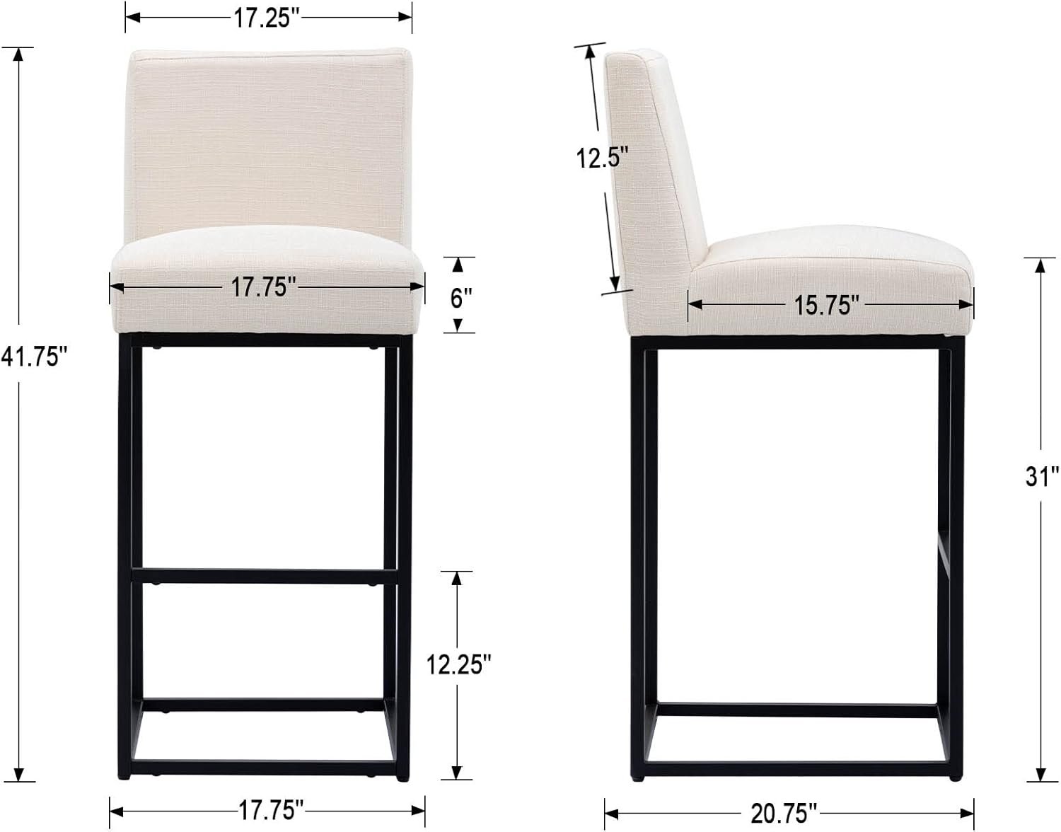 BESTANO Cream Linen Bar Stools Set of 3, 31" Modern Counter Height Stools with Backrest, Black Metal Frames, Upholstered Accent Barstools for Kitchen Island