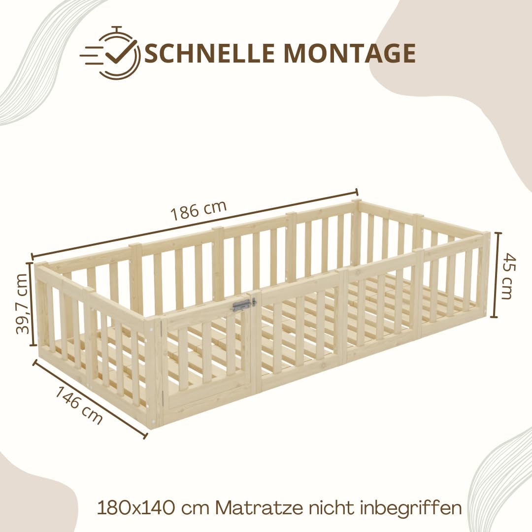 Kinderbett 140x180 cm – Montessori Bodenbett mit Rausfallschutz 40cm und Öffnbarer Barriere - Natürlichem Holz mit Glatter Oberfläche - Perfekt für Jungen und Mädchen Crazy Johnny