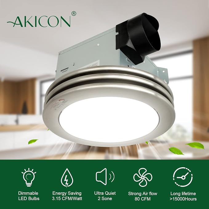 Extractor para baño ultra silencioso Akicon con luz LED, 80 CFM, 2.0 sones, diseño redondo con cubierta de vidrio esmerilado y acabado níquel cepillado miniatura 5
