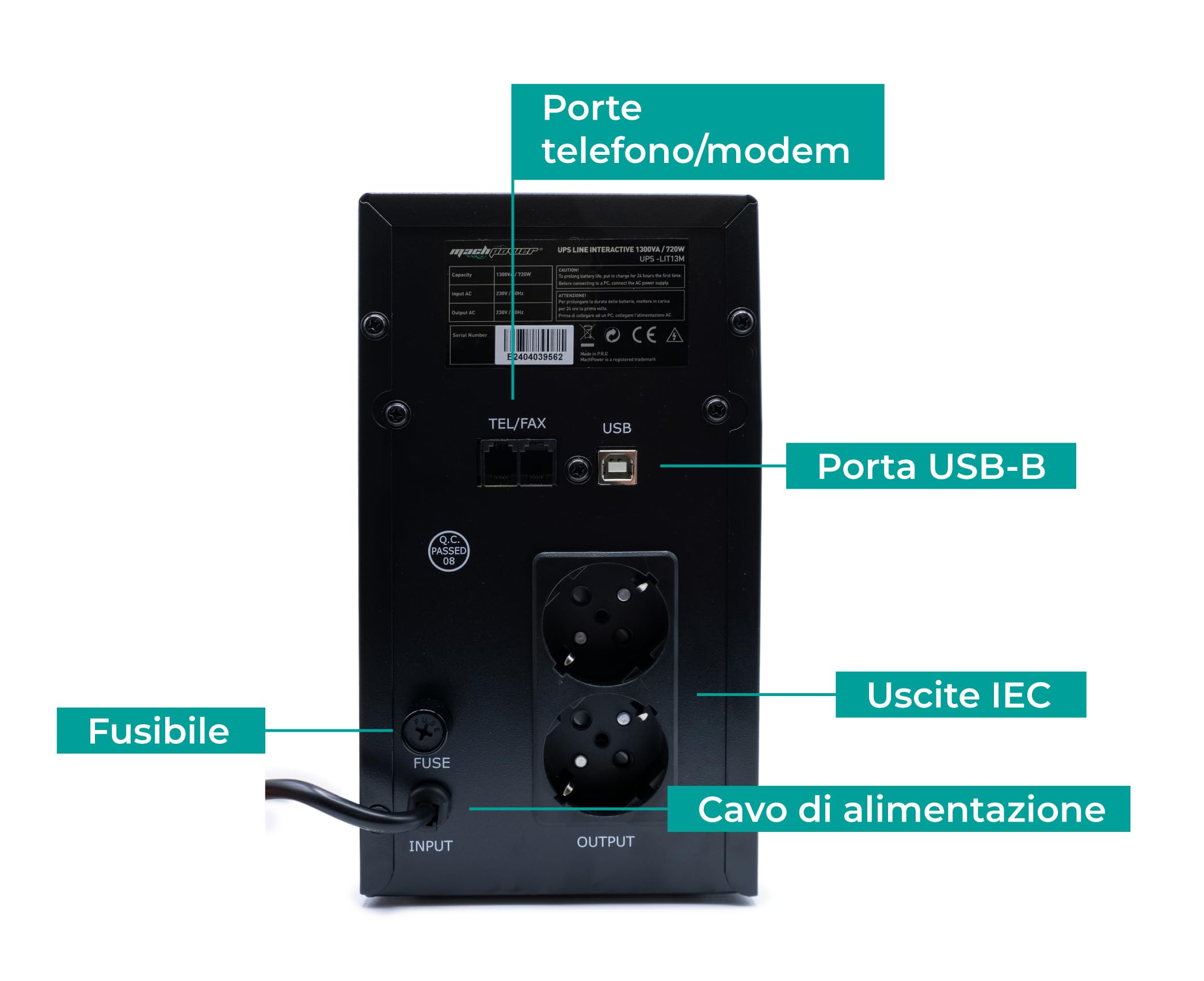 Onduleur Line Interactive 1300VA/720W AVR - 2 Batteries 12V7Ah, 2 Prises Schuko, USB, Métal