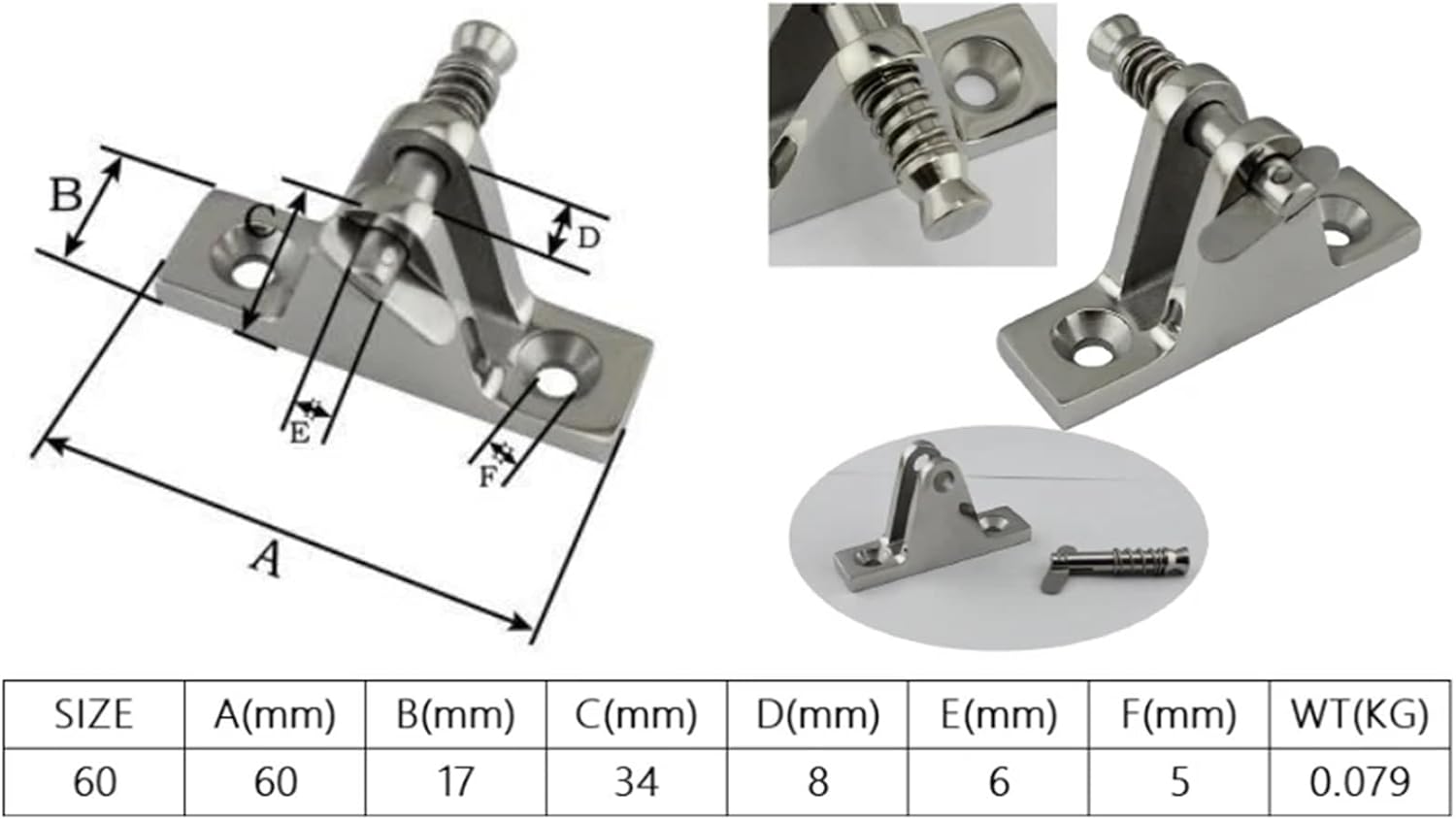 Stainless Steel Boat Hinges 4Pcs 60mm Stainless Steel 316 Side Mount Deck Hinge with Quick Release Pin and Bolt Ring for Marine Boat Hardware