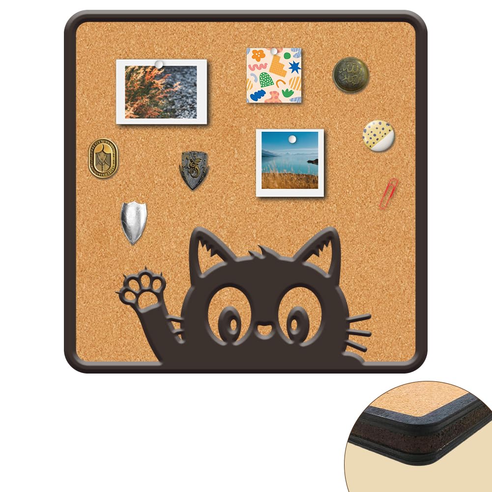 CRASPIRE Pin Board Cork 9.45x9.45 Black Cat Wall Mounted Framed Cute Bulletin Display Badge Wooden Decorative Hanging Corkboard Memory Memo Brooch Lapel Holder Storage for Home Office Bedroom Wedding