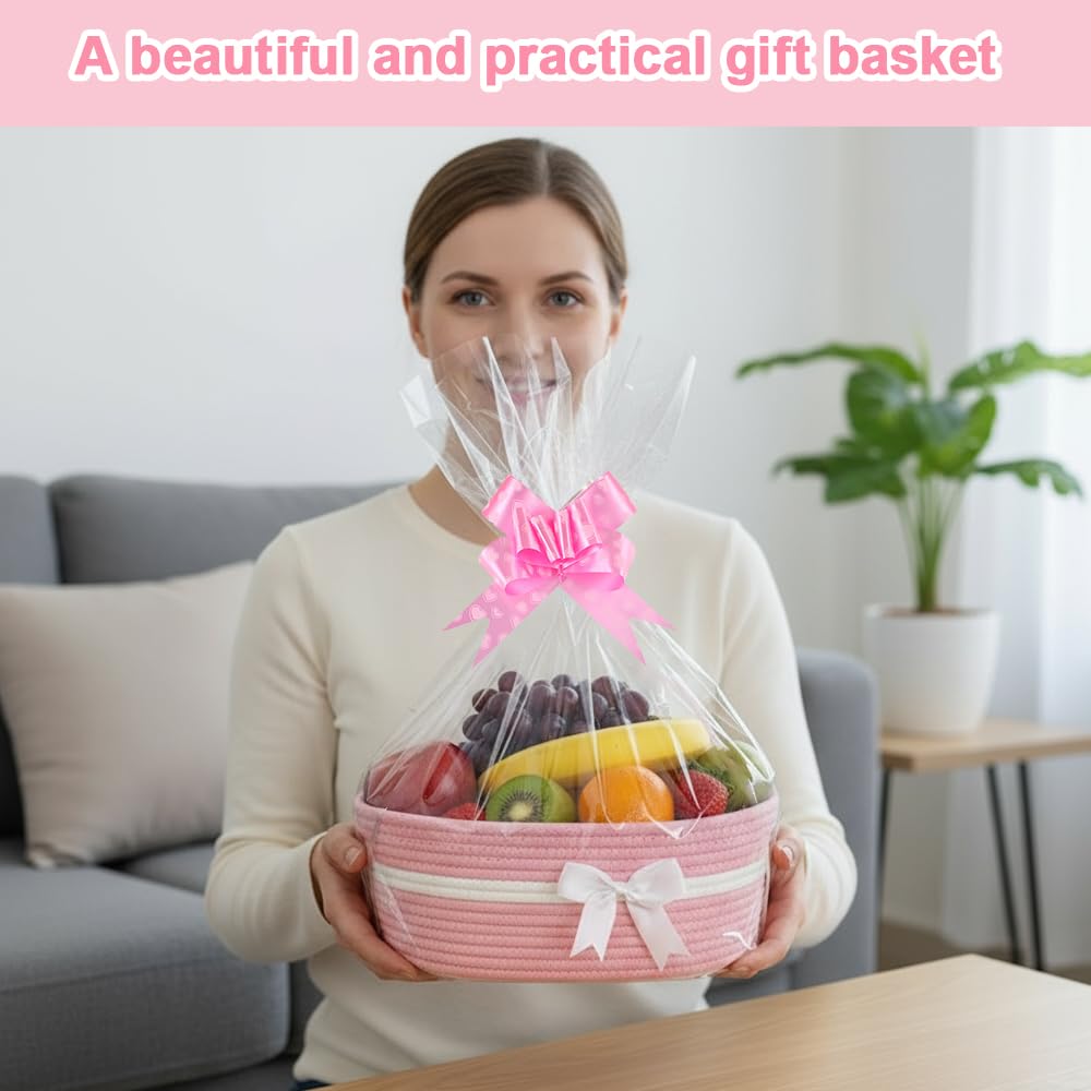 Set Cesto Regalo Vuoto Intrecciato | 2 Sacchetti Cellophane E 2 Fiocchi, Ideale Per Baby Shower E Matrimoni