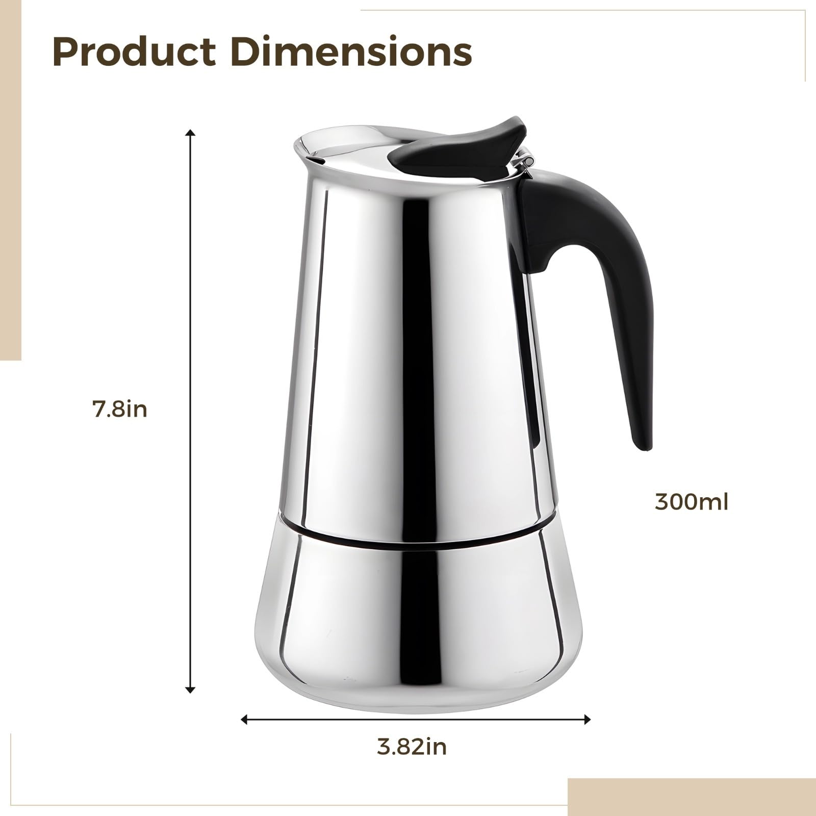Cafetera italiana de 6 tazas, diseño compacto de acero inoxidable, apta para lavavajillas para todas las estufas