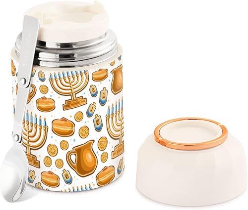 Miniatura 1 de MCHIVER Happy Hanukkah White Food Jar with Spoon Stainless Steel Vacuum Insulated Food Container 17 oz Food Flask for Hot Food